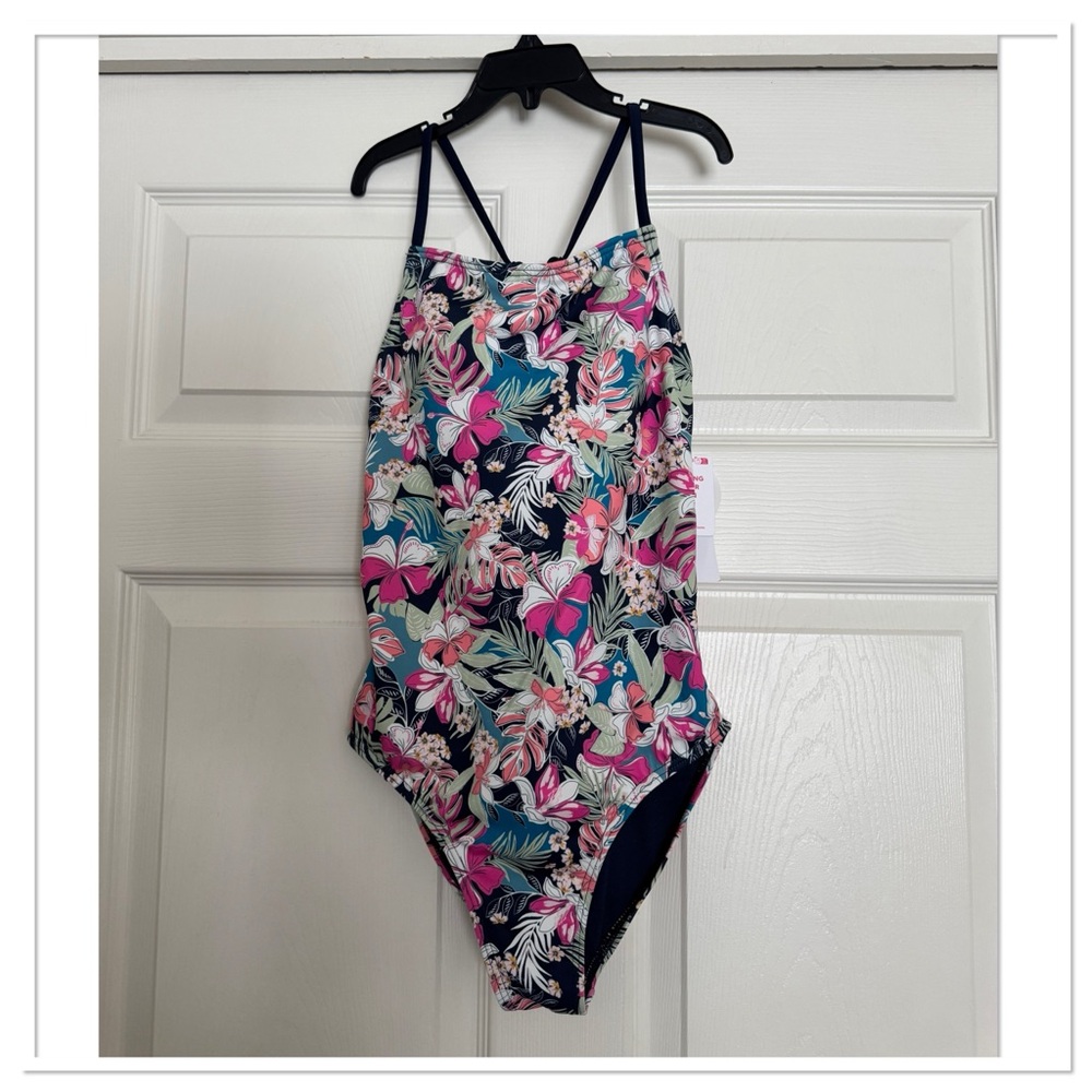 Roxy Girls Floral One-Piece Swimsuit - Navy, Pink & Teal